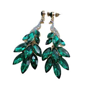 Peacock Drop Earrings Rhinestone Crystal Dangle Chandelier 2.9 inch Green